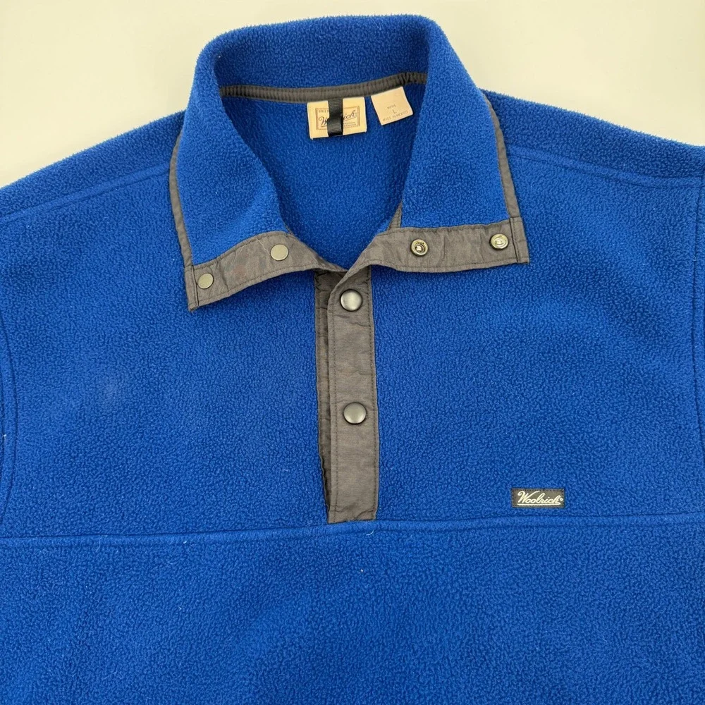 Woolrich Mens Fleece Pullover Jacket Blue Snap Collar‎ Large Outdoor